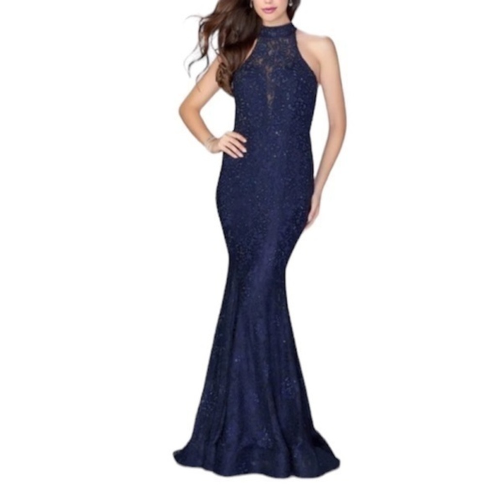 LA FEMME Navy High neck lace mermaid formal gown